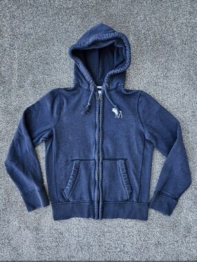 Vintage Y2K Abercrombie Heavyweight Zip Up Blue Hoodie Sweatshirt Moose Logo MED